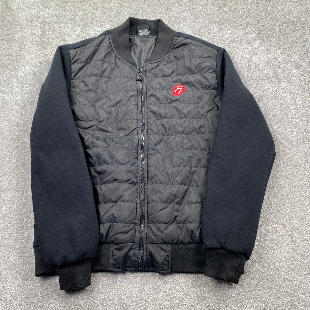 The Rolling Stones Bomber Jacket Mens Large Black Quilted Mixed Media Band Merch